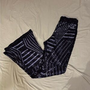 Black Sequin-Striped Wide Leg Jeans